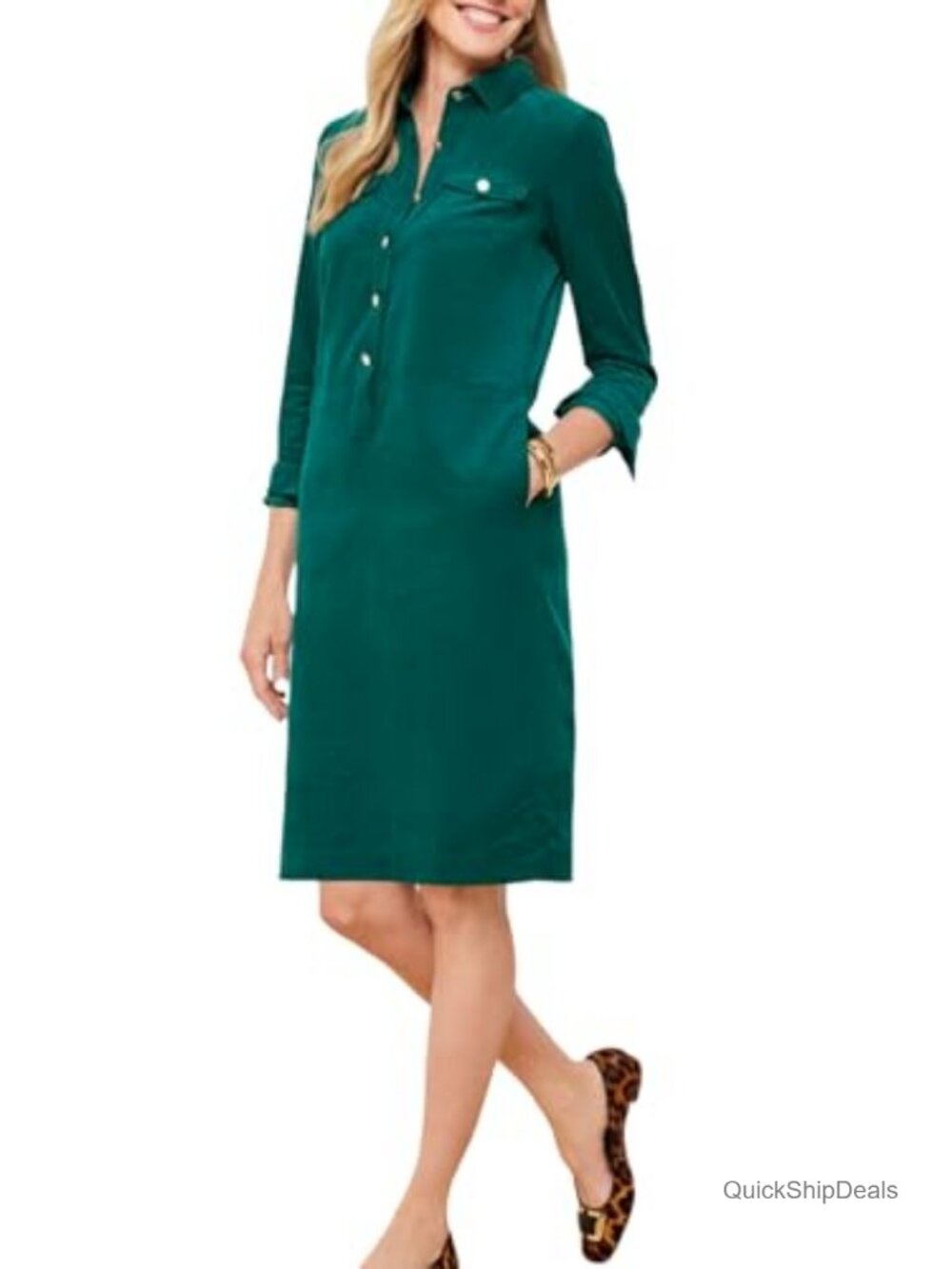 Corduroy Shift Dress Long Sleeve Button Down V Neck Midi Dress with Pockets